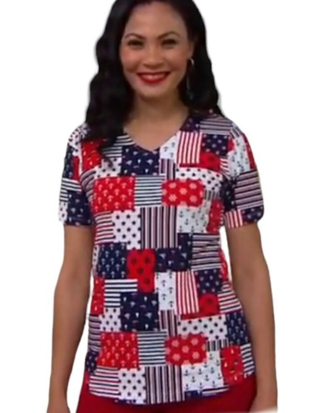 Denim & Co. Printed Americana Perfect Jersey V-Neck Top